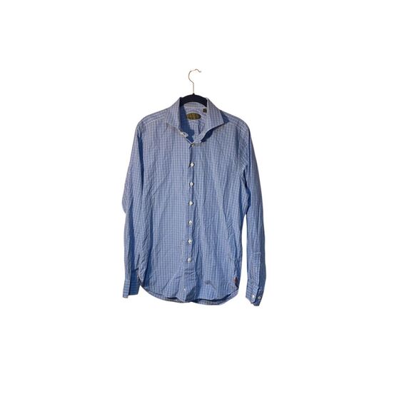 Phineas Cole men’s blue and white plaid striped button up shirt size 15 1/2 - Picture 2 of 4